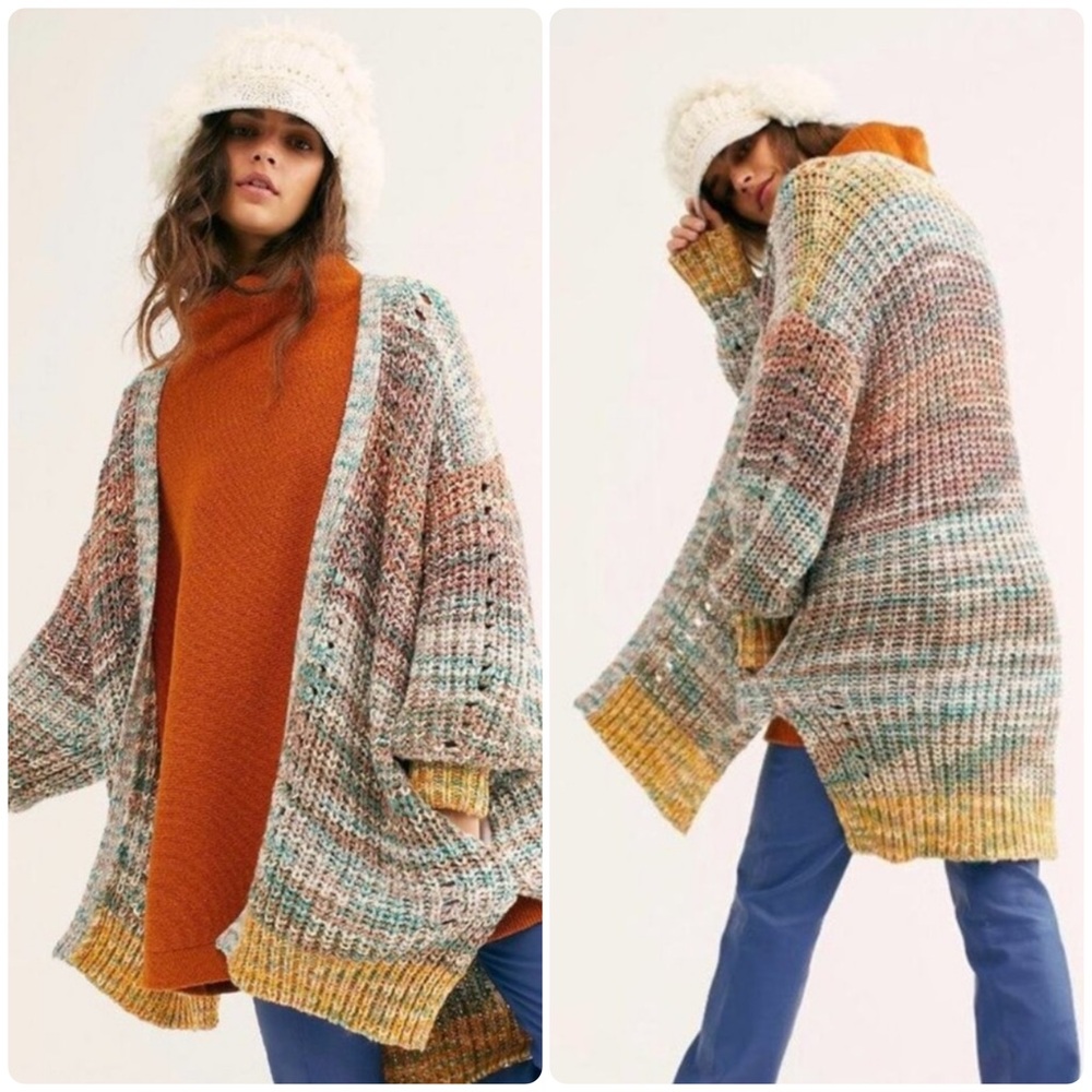 NWT Free People Dreaming Again Open Front Chunky Knit Cardigan Mountain Breeze